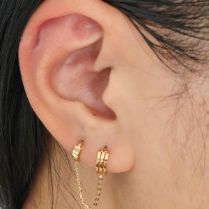 One piece 14k solid gold double piercing chain earring, double hoops earrings