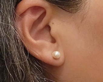 5 mm 14k solid gold freshwater pearl stud earrings, natural round pearl stud earrings, classic pearl earrings