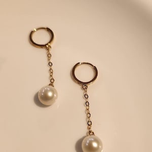 14k solid gold freshwater long pearl drop earrings, natural round pearl drop earrings, pearl size: 8 mm