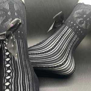 Lace ankle socks-soft comfort frilly stockings-ruffle cuff and bow-iridescent rhinestone on bow-available in black or white-adult one size