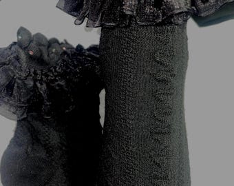 Handcrafted Black Satin Ruffle Ankle Socks | Rhinestone Embellished Knit Socks Women | Elegant Handcrafted Gift | Sparkly Coquette Style