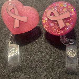 Pink Breast Cancer- Epoxy resin badge reels, resin accessories! badge holders with handmade resin and glitter!