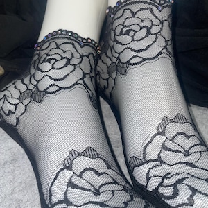 Sheer lace Black stocking with rose designs for women -rhinestone-thin mesh-anti sweat base of foot