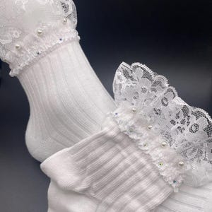 Ruffle Lace Ankle Cotton Socks-Dress Socks-White or Black Socks -rhinestones and pearl Perfect for special occasions/Parties/Great Gift