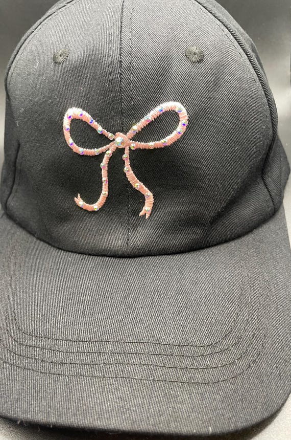 Black Cap-embroidered Pink Bow With Rhinestones Adjustable  display picture 2