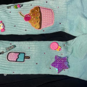 Handcrafted teen/adult cupcake and candy teal socks with patches, rhinestones and charms!