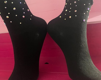 Black Ruffle Ankle Socks, Iridescent Rhinestone Sparkle