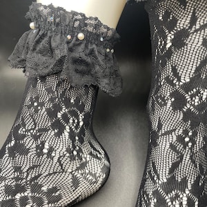 Black Flower vine lace socks with pearls and rhinestones