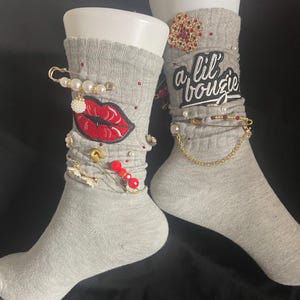 Adult Handcrafted Gray Socks with Bougie and  Red Lip Patch | Rhinestones, Pearls, Crystal Beads, Charms & Gold Accents | Glam Statement