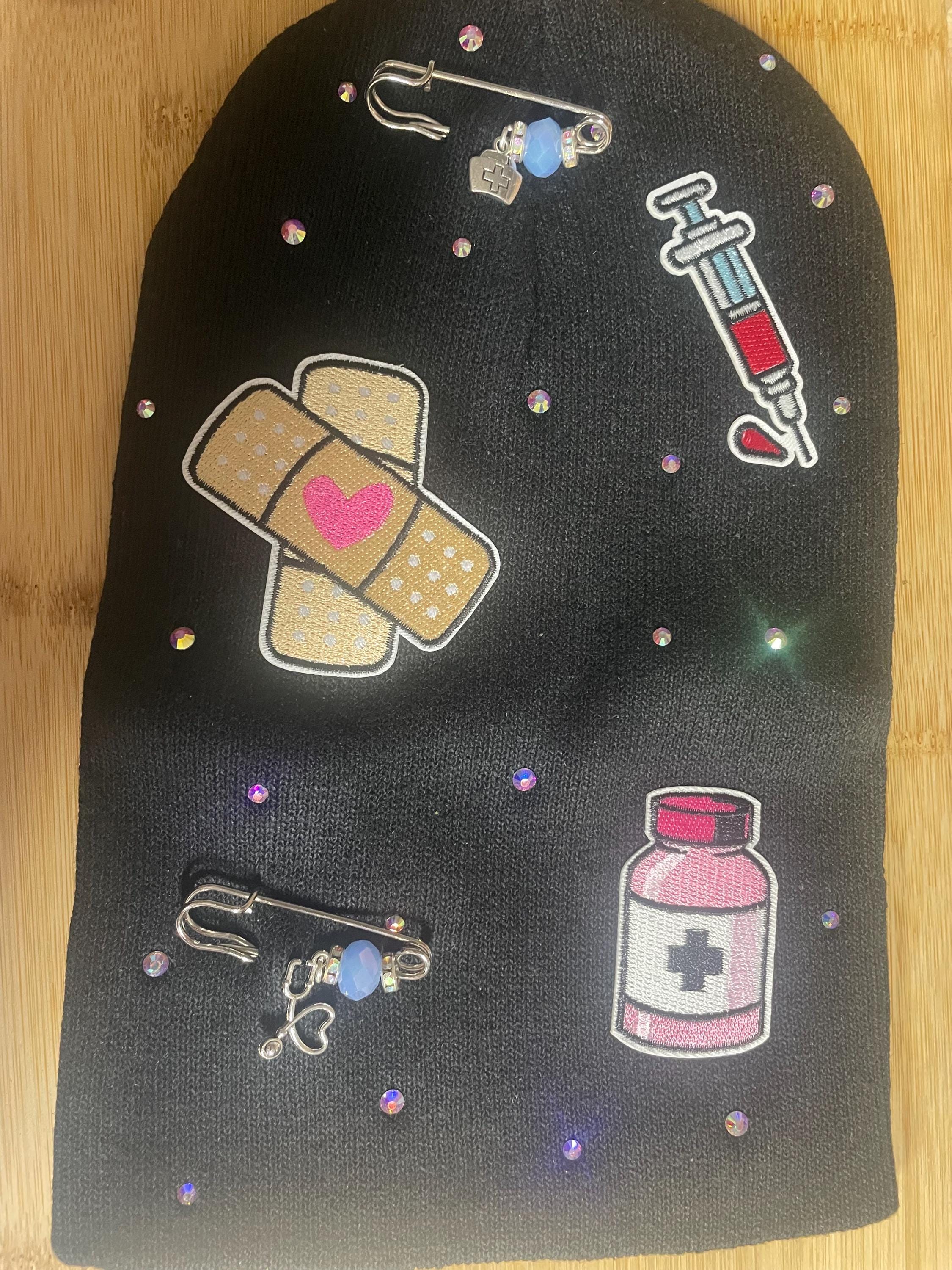 ER Nurse Beanie Blue design with Logo, Blue, Pink, Black and 
