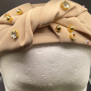 Knotted Khaki Headband-2 in. Adult Hair Head band with iridescent  rhinestones and  gold accents