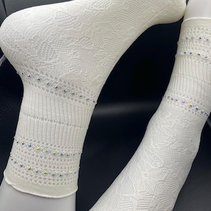 Thin Lace Adult Socks-Ivory mid calf with rhinestones! Adult one size
