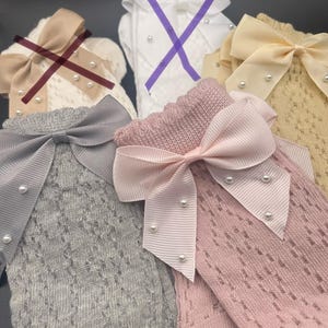 Little Girl knee high soft poly socks-Ribbon Bow with Pearls-size 1-3 years old-gray/ivory/pink- Each pair sold separately!