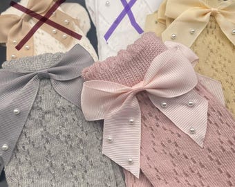 Chaussettes hautes en poly doux pour petite fille-Noeud de ruban avec perles-taille 1-3 ans-gris/ivoire/rose-Chaque paire est vendue séparément !