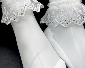White Mesh Ankle Socks – Rhinestone Lace Ruffle, Bridal Wedding