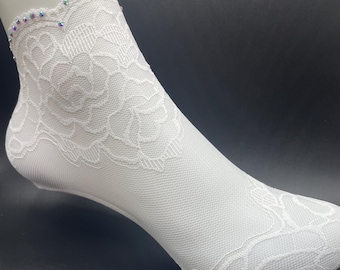 Lace Rose Ankle Socks | Rhinestone Embellishments, Elegant Floral Socks