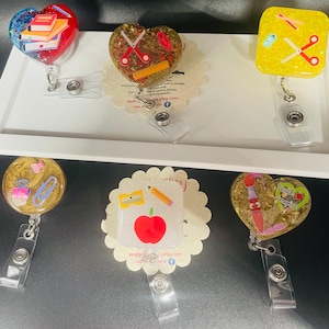 Back to school Epoxy resin badge reels, resin accessories! badge holders with handmade resin and glitter!