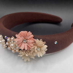 Hair Headband-Elegant Coffee 1.5 wide brimmed- rhinestones-pearl accents with ivory and rose flowers- hair piece for adults