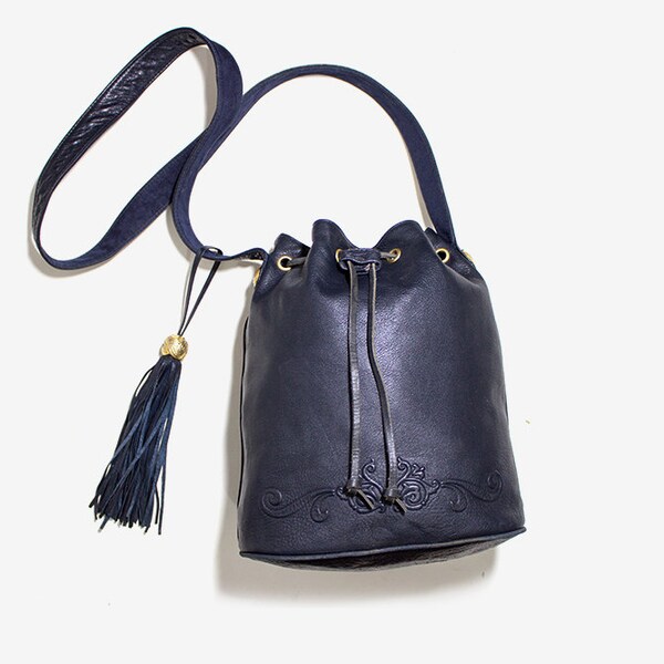 Vintage Bucket Bag / Navy Leather Bucket Bag / Drawstring Purse / Leather Drawstring Bag