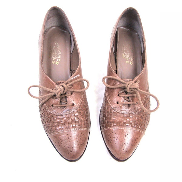 Vintage Taupe Brown Leather WOVEN Oxfords Size 5.5