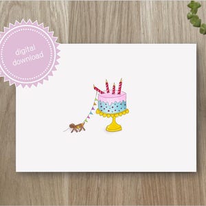 Geburtstagskarte "Leni" - Druckbare Karte - Print at home - Lustige Karte mit großer Torte, Kerzen, bunter Girlande und kleinem Hund
