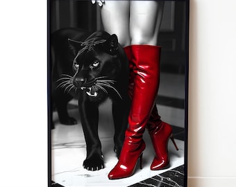 Black and White, Luxury Wall Art, High Fashion Print, Fashion Model & Panther Poster, Hypebeast Aesthetic, Modern Chic Art, Magazine Print