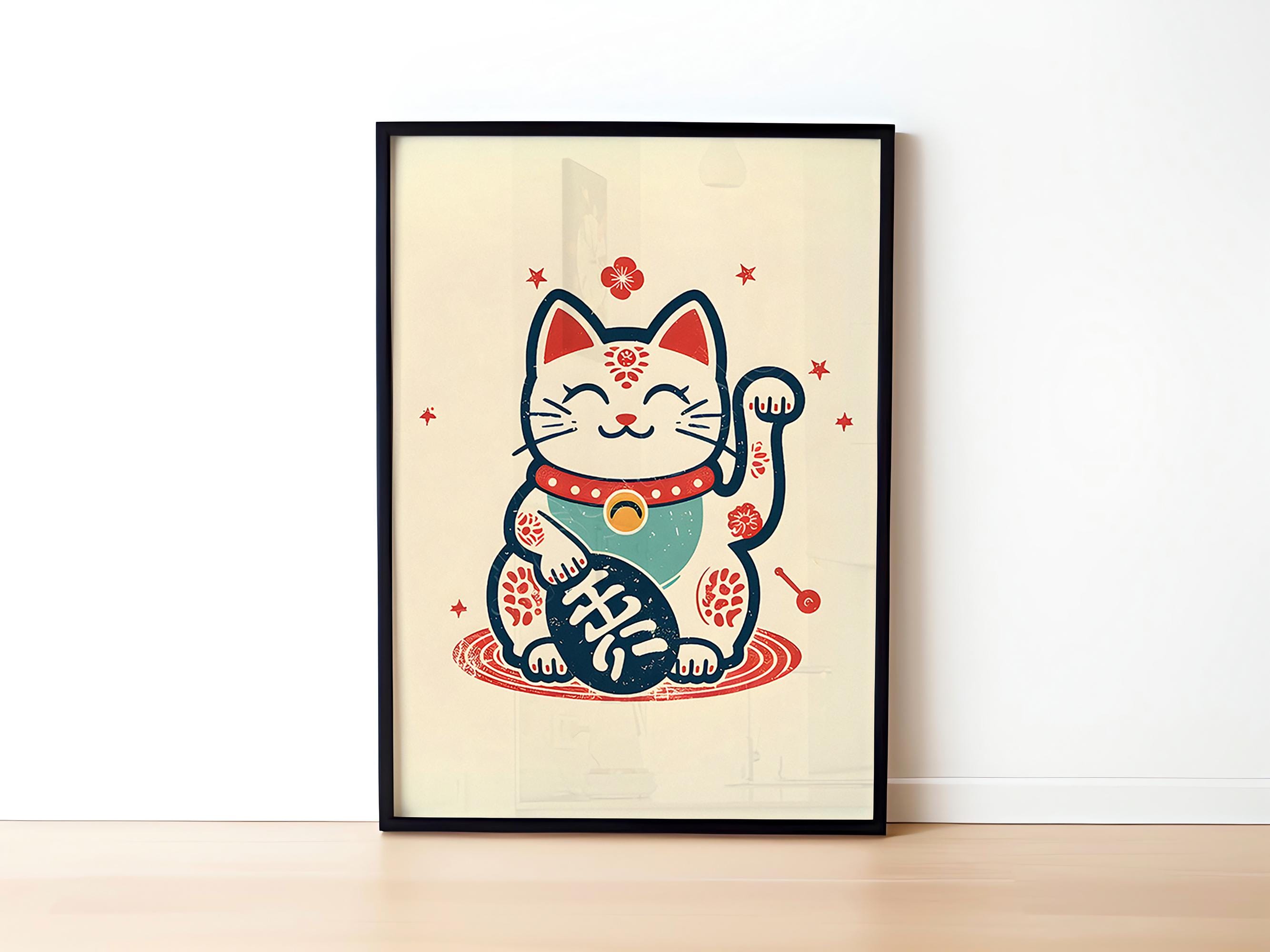 Maneki Neko Cat Print: Japanese Lucky Cat Retro Wall Art (digital ...