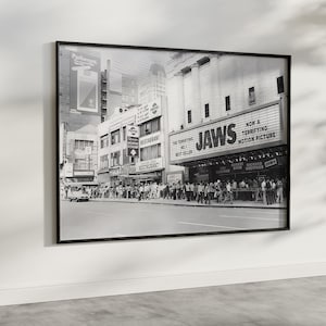Impresión del estreno de Tiburón en Nueva York, blanco y negro, fotografía vintage, arte mural retro, póster de película de terror, impresión vintage, impresión digital