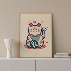 Maneki Neko Cat Print: Japanese Good Luck Art, Retro Decor
