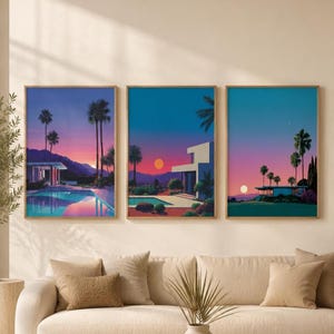 Set di 3 stampe murali in stile retrò di Palm Springs, stampe su tela con tramonti nel deserto, poster da bordo piscina ispirati alla cultura City Pop, arredamento moderno di metà secolo.