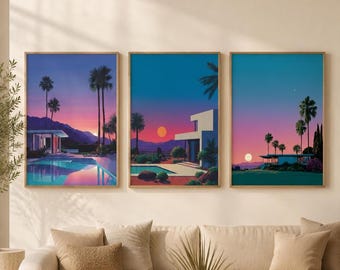 Retro Palm Springs väggkonst set med 3, canvastavlor med ökensolnedgång, stadspopinspirerade poolsideposters, modern inredning i mitten av århundradet