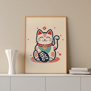 Traditional Maneki Neko Cat Print | Japanese Lucky Cat Poster, Retro Wall Art, Good Luck Decor, Asian Gift, Home Wall Art