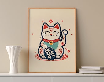 招き猫　壁掛け　レトロ 招き猫プリント：日本の招き猫のレトロな壁アート - Etsy 日本