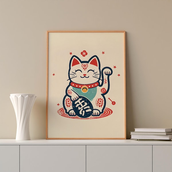 Lámina de gato Maneki Neko: Arte mural retro de gato de la suerte japonés (descarga digital)