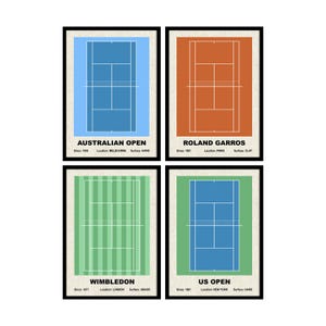 Póster de torneos de Grand Slam (4 piezas), arte mural de torneos de tenis, impresión artística de canchas de tenis, impresión minimalista de cancha de tenis, regalo de tenis