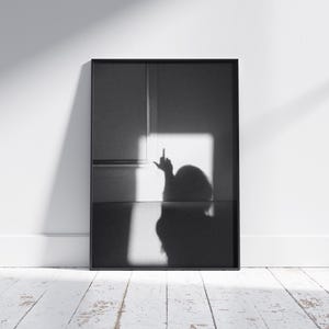 以下が含まれることがあります： 中指を立てている人の影の白黒写真です。