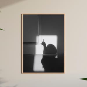 以下が含まれることがあります： 壁と床に映る、中指を立てた人の影の白黒写真です。