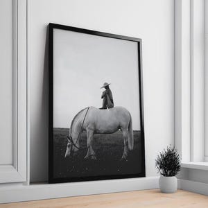 Cowgirl Horse Print: Black and White Western Wall Art