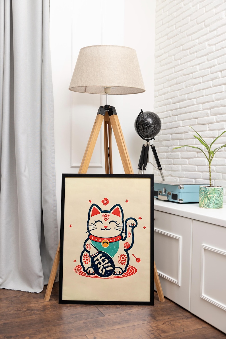 Maneki Neko Cat Print: Japanese Lucky Cat Retro Wall Art (digital ...