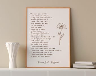 For what it&#39;s worth print, F. Scott Fitzgerald quote print, Vintage literary art, Poem Digital Print, Art Print, Modern Wall Art Print
