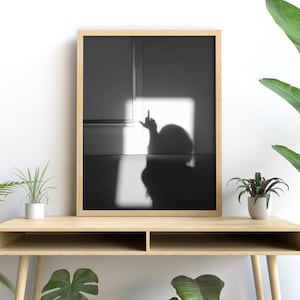 以下が含まれることがあります： 無礼なジェスチャーをする人の影の白黒写真。写真は明るい木製のフレームに収められ、白い壁に木製のテーブルの上にかけられています。