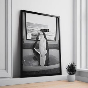 Woman Drinking Champain Bathtub Print, Bar Cart Poster, Black and White, Printable Bathroom Wall Art, Girl Bathroom Decor, Ready to Hang