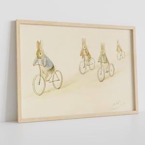 Illustration vintage de lapins vintage, impression de chambre d'enfant Benjamin Bunny and Friends on Bicycles, livre pour enfants vintage Rabbit Art.