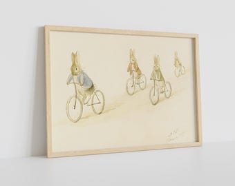 Vintage konijntjes op de fiets kinderkamerprint (digitale download)