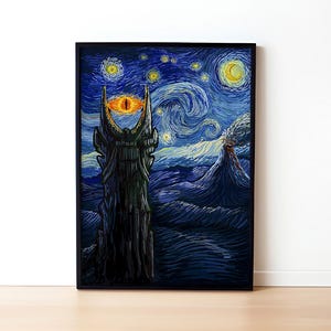 May include: A painting of a dark tower with a large, glowing eye, set against a swirling blue and yellow starry night sky. The tower is surrounded by a dark, rocky landscape.