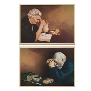 Genade en dankbaarheid, beroemde christelijke kunst van Eric Enstrom, bidden over brood, bidden tot Jezus, biddende man en vrouw, bid oude man. 2 afbeeldingen