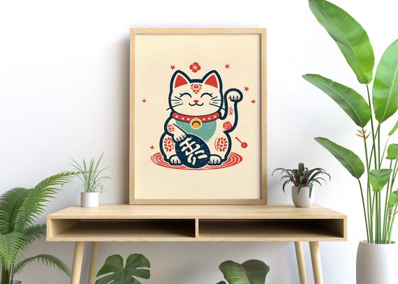 Maneki Neko Lucky Cat Wall Art - Pink Japan Style Canvas Print 8x12 Inch Motivational Decor