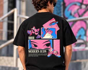 May include: A black crew neck t-shirt featuring a graphic print on the back. The design includes a pink cat mask, a stylized character with blue hair, a bucket hat, sneakers, and the text "MODERN ICON" along with a barcode and descriptive text.