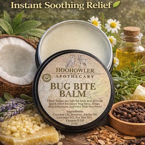 May include: A jar of "Bug Bite Balm" with the text "Instant Soothing Relief". The balm is surrounded by natural ingredients like coconut, lavender, and essential oils. The label says "Kid Safe" and "All Natural".
