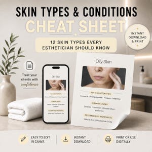Puede incluir: Una hoja de referencia de tipos y condiciones de piel para esteticistas con el texto 12 Skin Types Every Esthetician Should Know. El documento muestra información sobre piel grasa, incluyendo características, causas e ingredientes recomendados, presentada en la pantalla de un teléfono y una página impresa.